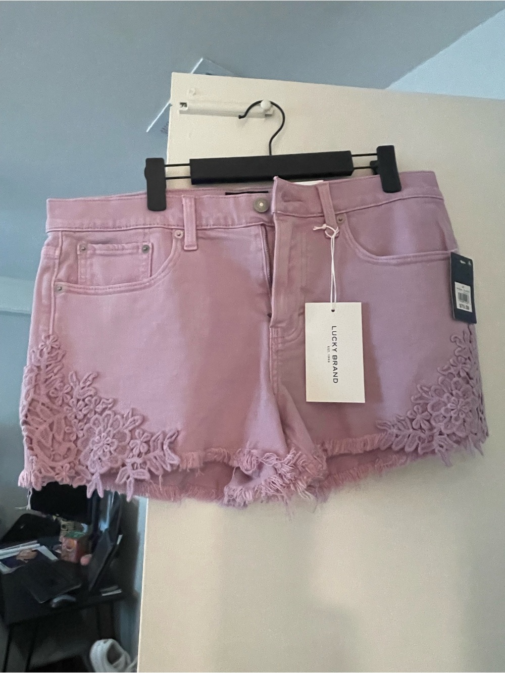 Lucky Brand Boy Mid Rise Lavender Lace-Trim Denim Shorts - Women's
